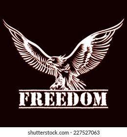 illustration of eagle over inscription freedom drawn in engraving style