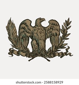 Illustration of an eagle perched on a branch with wings spread. The eagle is surrounded by leaves and a ribbon, symbolizing strength and freedom. Vintage art illustration, vector.