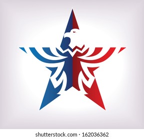 Illustration of an eagle silhouette inside of a star with the use of American patriotic colors. File and elements organized for easy editing.