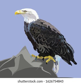 Illustration, an eagle sits on top of a mountain against a blue sky