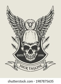 illustration eagle skull monochrome logo