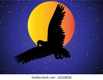 the illustration eagle in the sky on background of the moon and stars.