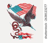 Illustration of an eagle and snake with American flags. The eagle, snake, and flags symbolize power and conflict. The eagle and snake are central to the design. Animal illustration vector.