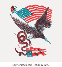 Illustration of an eagle and snake with American flags. The eagle, snake, and flags symbolize power and conflict. The eagle and snake are central to the design. Animal illustration vector.