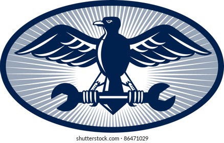 illustration of an eagle with spread wings carrying spanner wrench with sunburst in background set inside oval