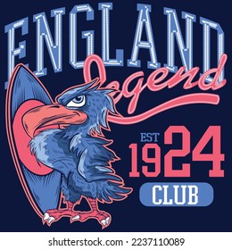 Illustration Eagle with surfboard, and text England Legend, College Varsity style.