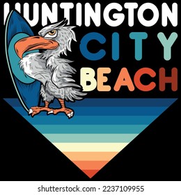 Illustration Eagle with surfboard, with text, Huntington City Beach California Beach Ways. fashion style.