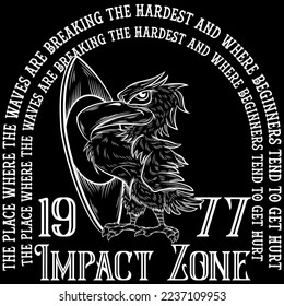 Illustration Eagle with surfboard, with text, Impact Zone California Beach Ways. fashion style.