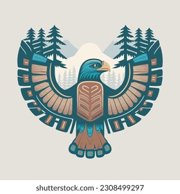 illustration of an eagle with wings and mountains and trees