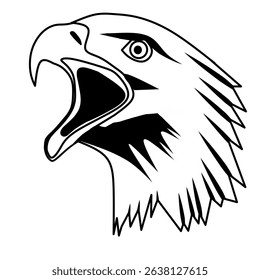 An illustration of an eagle's head, depicted in black and white with an open beak.
