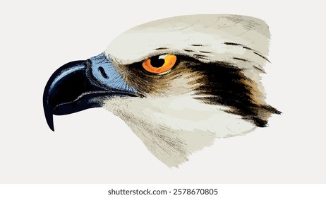 Illustration of an eagle's head with sharp beak and piercing eyes. The eagle's feathers are detailed, highlighting its majestic and powerful presence. Vintage bird illustration vector.