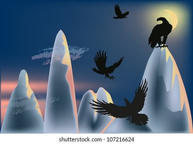 illustration with eagles in mountains at night