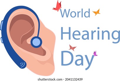 Illustration of ear design with hearing aid  World Deaf day or with butterfly and World hearing day text  Vector 