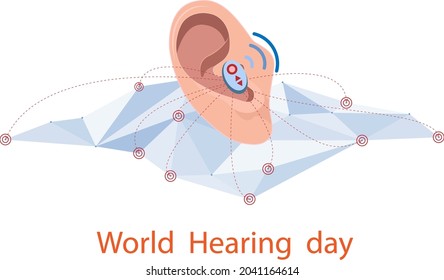 Illustration of ear with hearing aid World Deaf day poster design with World hearing day  communicate network node element Vector 