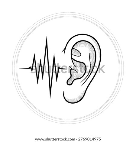 Illustration of an ear with sound waves emanating, inside a circular frame.