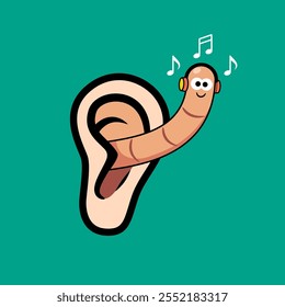 Una ilustración de un gusano del oído que lleva un auricular.