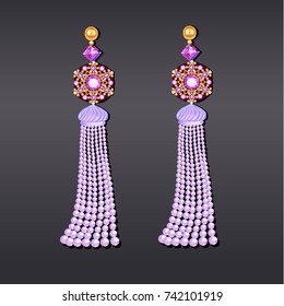 Illustration of earrings from beads of pearl lilac gems and gold with tassels