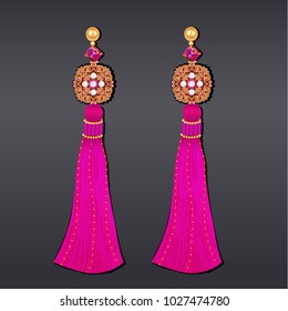 Illustration of earrings from beads of purple gems and gold with tassels