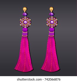 Illustration of earrings from beads of purple gems and gold with tassels