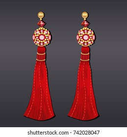 Illustration of earrings from beads of red and gold with tassels