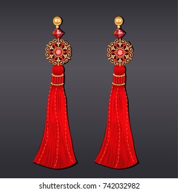 Illustration of earrings from beads of red and gold with tassels