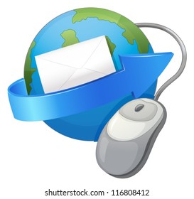 illustration of an earth, arrow, envelop and a mouse on a white background