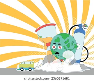 illustration of the earth being affected by pollution, oxygen starting to run out, and the earth's lifespan coming to an end, illustration for the campaign let's save our earth with 90's style