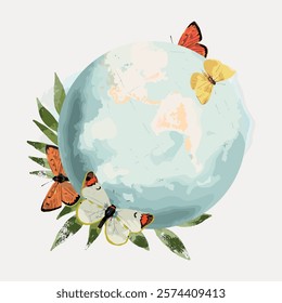 Illustration of Earth with butterflies and leaves. Butterflies flutter around the globe. Earth, butterflies, and leaves create a harmonious nature scene. Vintage illustration isolated on white, vector