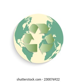 Illustration of an earth button with recycle symbol isolated on a white background.