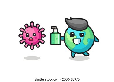 ilustración de personajes de la tierra persiguiendo virus malvados con sanitizer de manos , diseño de estilo lindo para camiseta, pegatina, elemento logo