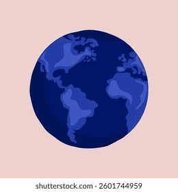 Illustration of Earth with continents in blue on a pink background. Earth depicted with blue hues. Simple Earth design on a pink backdrop. Vector illustration.