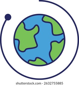 Illustration of Earth with continents in green and oceans in blue, surrounded by a circular orbit line with a dot representing a satellite or moon.