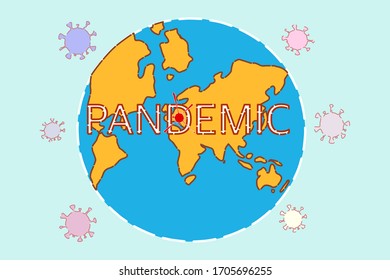The illustration of earth and corona virus with text of pandemic