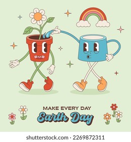 Illustration for Earth Day. Characters in the groove style, a watering can watering a flower. Plant a flower on earth day
