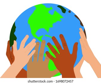 Illustration for earth day, hands of different people holding the earth globe