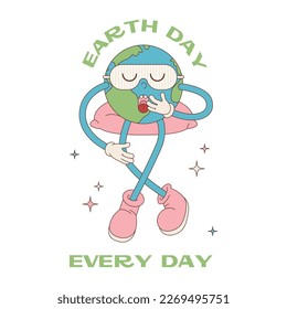 Illustration of Earth Day and Hour in groove 70s style. Earth cartoon sits on a pillow and yawns, a creative concept to take a break for energy savings.