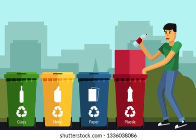 Illustration for Earth day. A man throws a bottle in a container for plastic. Containers for separate collection and recycling on the background of the cityscape. Vector flat illustration.