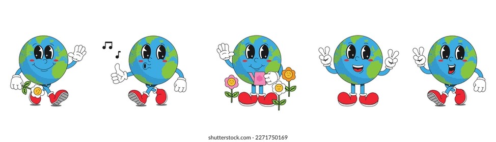 An illustration for Earth Day in a trendy retro cartoon style. Funny vector illustrations of planet Earth. Set illustrations for World Environment Day. Eco-green concept.