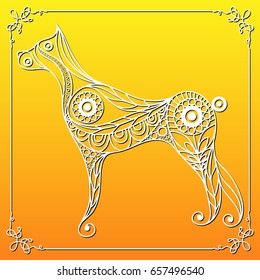 Illustration of earth dog, symbol of 2018. Silhouette of hound, decorated with floral pattern. Vector element for New Year's design.