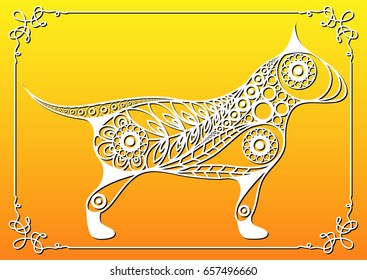 Illustration of earth dog, symbol of 2018. Silhouette of hound, decorated with floral pattern. Vector element for New Year's design.