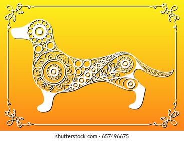 Illustration of earth dog, symbol of 2018. Silhouette of hound, decorated with floral pattern. Vector element for New Year's design.