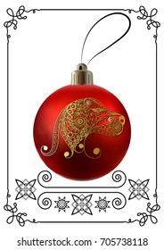 Illustration of earth dog, symbol of 2018. Christmas ball with hound, decorated with floral pattern. Vector element for New Year's design.
