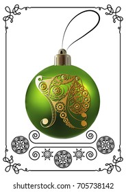 Illustration of earth dog, symbol of 2018. Christmas ball with hound, decorated with floral pattern. Vector element for New Year's design.