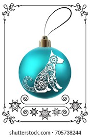Illustration of earth dog, symbol of 2018. Christmas ball with hound, decorated with floral pattern. Vector element for New Year's design.