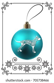 Illustration of earth dog, symbol of 2018. Christmas ball with hound, decorated with floral pattern. Vector element for New Year's design.