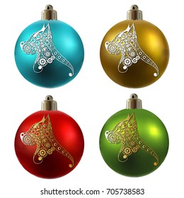 Illustration of earth dog, symbol of 2018. Christmas ball with hound, decorated with floral pattern. Vector element for New Year's design.