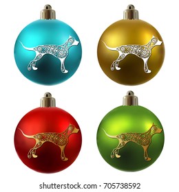 Illustration of earth dog, symbol of 2018. Christmas ball with hound, decorated with floral pattern. Vector element for New Year's design.