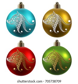 Illustration of earth dog, symbol of 2018. Christmas ball with hound, decorated with floral pattern. Vector element for New Year's design.
