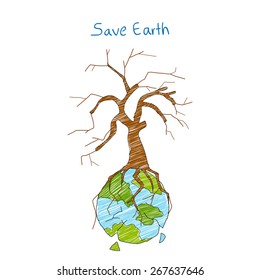 illustration of Earth with dry tree showing distruction