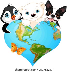 Illustration of earth in the form of heart with several of animals